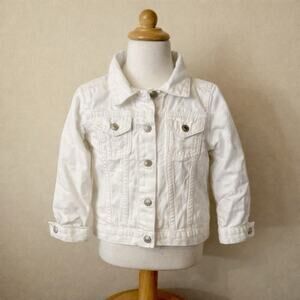 Girls White Cotton Denim Jacket Long Sleeve Metal Buttons, Pockets